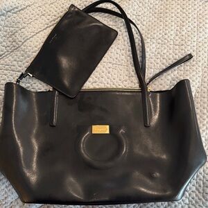 Salvatore Ferragamo Black Leather Tote with Gold Hardware and Wristlet